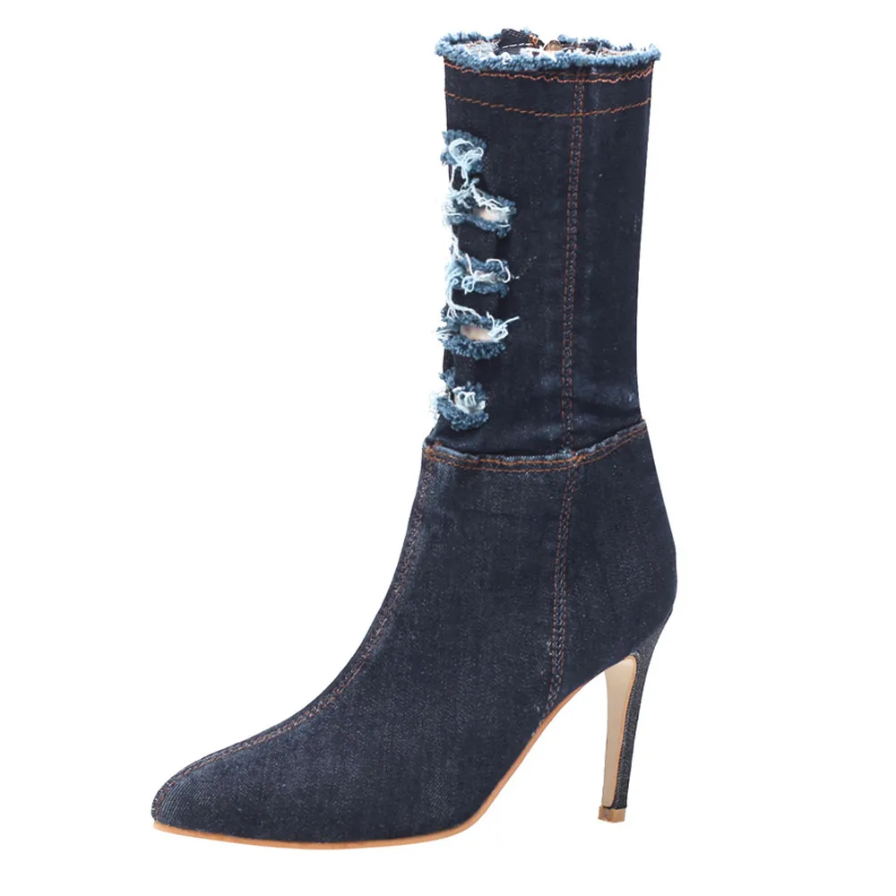 Middle Tube Cowboy Boots Women thin High Heel Shoes Denim Zipper Solid Color Pointed Toe Shoes Feminina zapatos de mujer
Middle Tube Cowboy Boots Women thin High Heel Shoes Denim Zipper Solid Color Pointed Toe Shoes Feminina zapatos de mujer