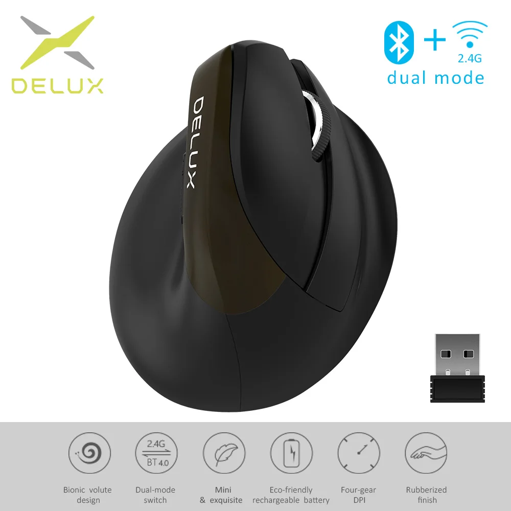 Мышь Delux M618 Mini Jet Black беспроводная Вертикальная с поддержкой Bluetooth 4 0 + 2 ГГц|Мыши| |