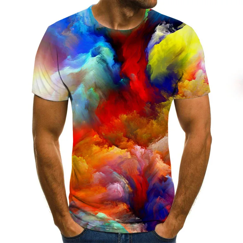 Color painting spray paint 3D print Tshirts summer short-sleeved T-shirts men women casual slim round neck t-shirt | Мужская одежда