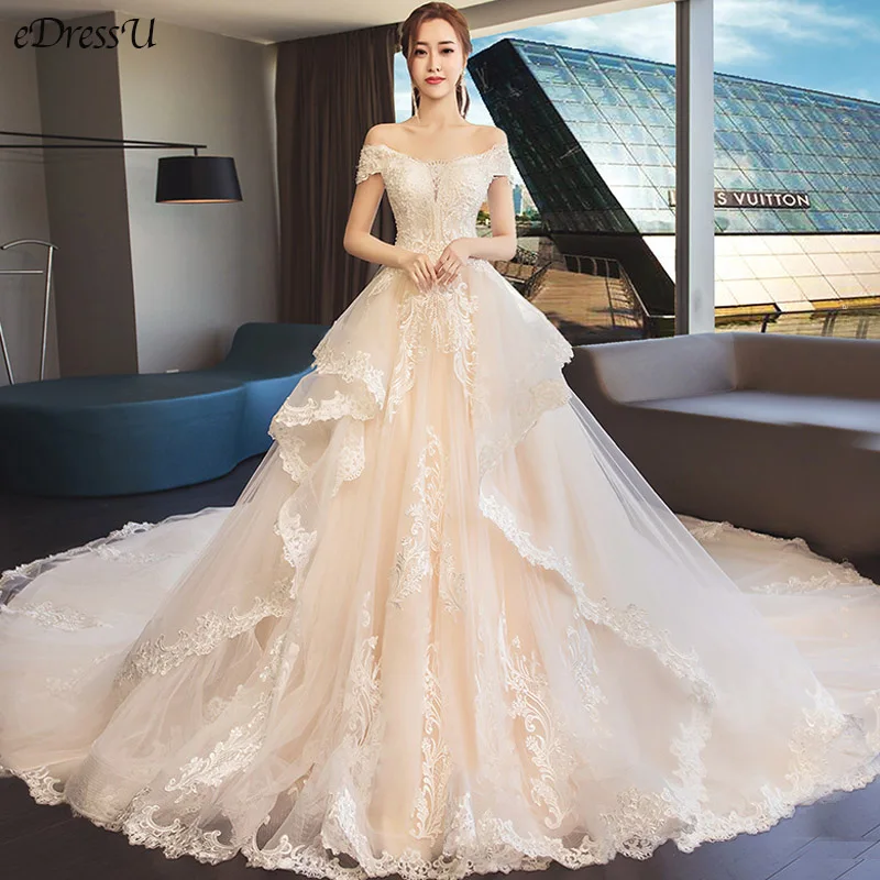 

2020 Gorgeous Wedding Dress Corset Bridal Dress Monarch Train Wedding Gown Boat Neck Lace up Dress Robe de Mairee OY-5786