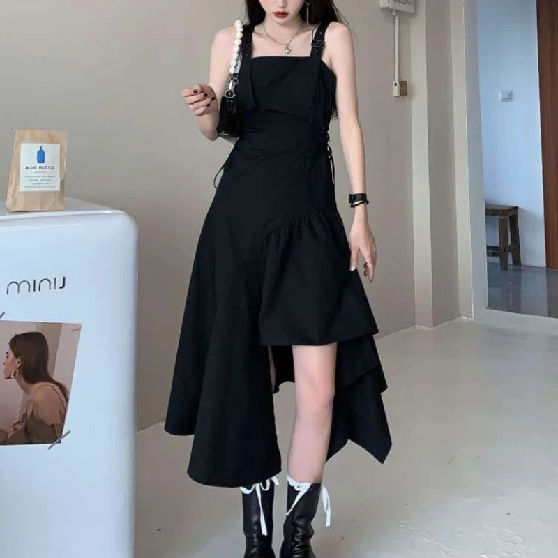 

Black Spaghetti Strap Dress Goth Women Summer 2021 Elegant Sexy Party Solio Irregular Gothic Long Dress Korean Style Clothes New