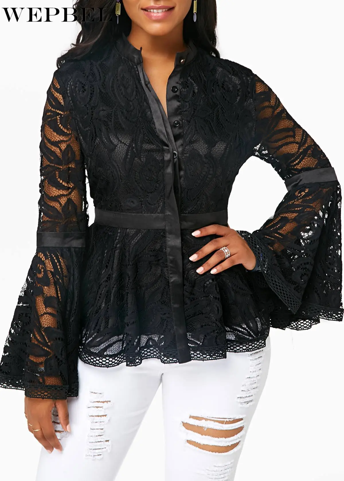 WEPBEL Women's Sexy Lace Hollow Out Stitching T-shirt Top Spring and Summer Flare Sleeve O-Neck Single-Breasted Slim T-shirt
WEPBEL Women's Sexy Lace Hollow Out Stitching T-shirt Top Spring and Summer Flare Sleeve O-Neck Single-Breasted Slim T-shirt