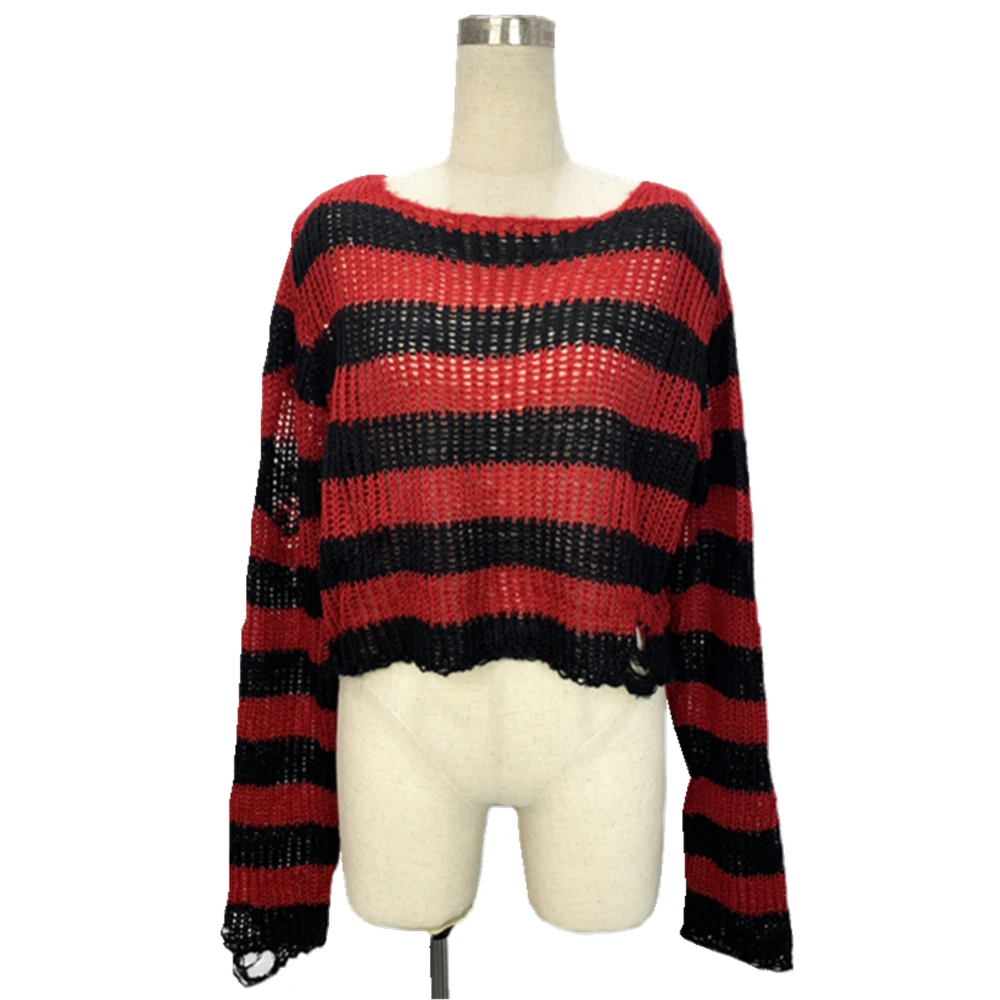 

Короткий свитер унисекс в стиле панк/готика, 2022, женский полосатый крутой джемпер с вырезами, свободный тонкий темный уличный топ в стиле ро...