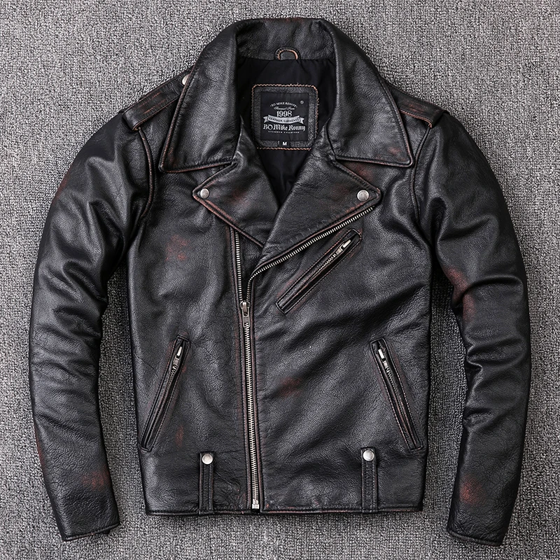 Винтажная Черная мужская приталенная мотоциклетная кожаная куртка в