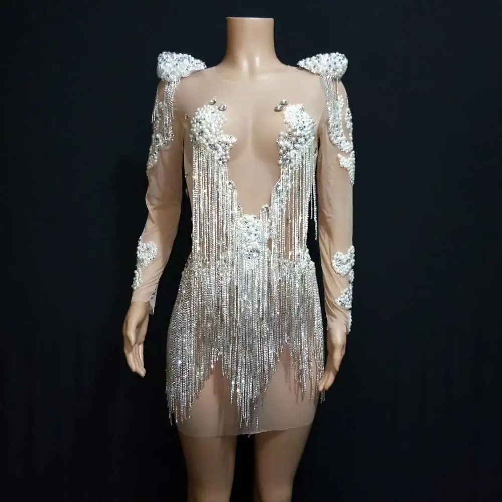 Pearls Sequins Tassel See Through Dress Sexy Mesh Rhinestones Party Dress Women Sheath Dress Nightclub Singer DJ Stage Outfits
Pearls Sequins Tassel See Through Dress Sexy Mesh Rhinestones Party Dress Women Sheath Dress Nightclub Singer DJ Stage Outfits