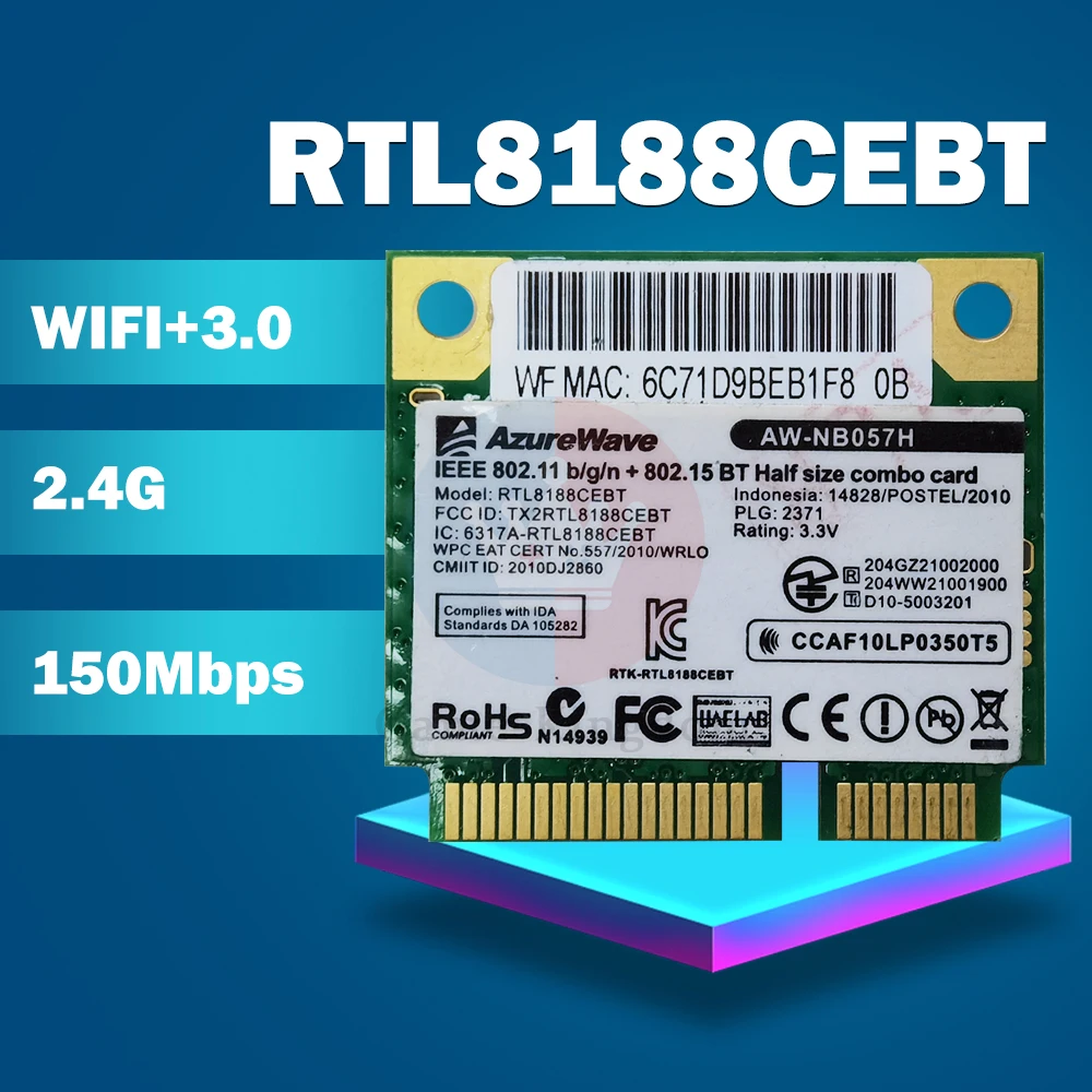 Фото Realtek RTL8188CEBT AW-NB057H 802 11 b/g/n Wi-Fi + BT 3 0 150 Мбит/с Mini PCI-E Беспроводной WLAN комбинированная