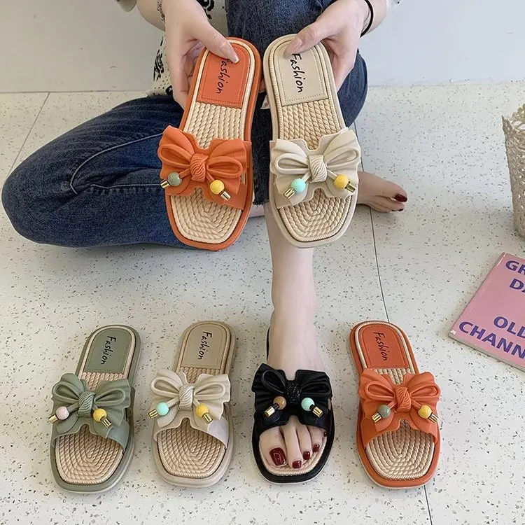 

2021 Summer Style Flat Bottom Low Heel Flat Heel Outer Wear One-word Drag All-match Women's Slippers, Bow-knot Women's Sandals