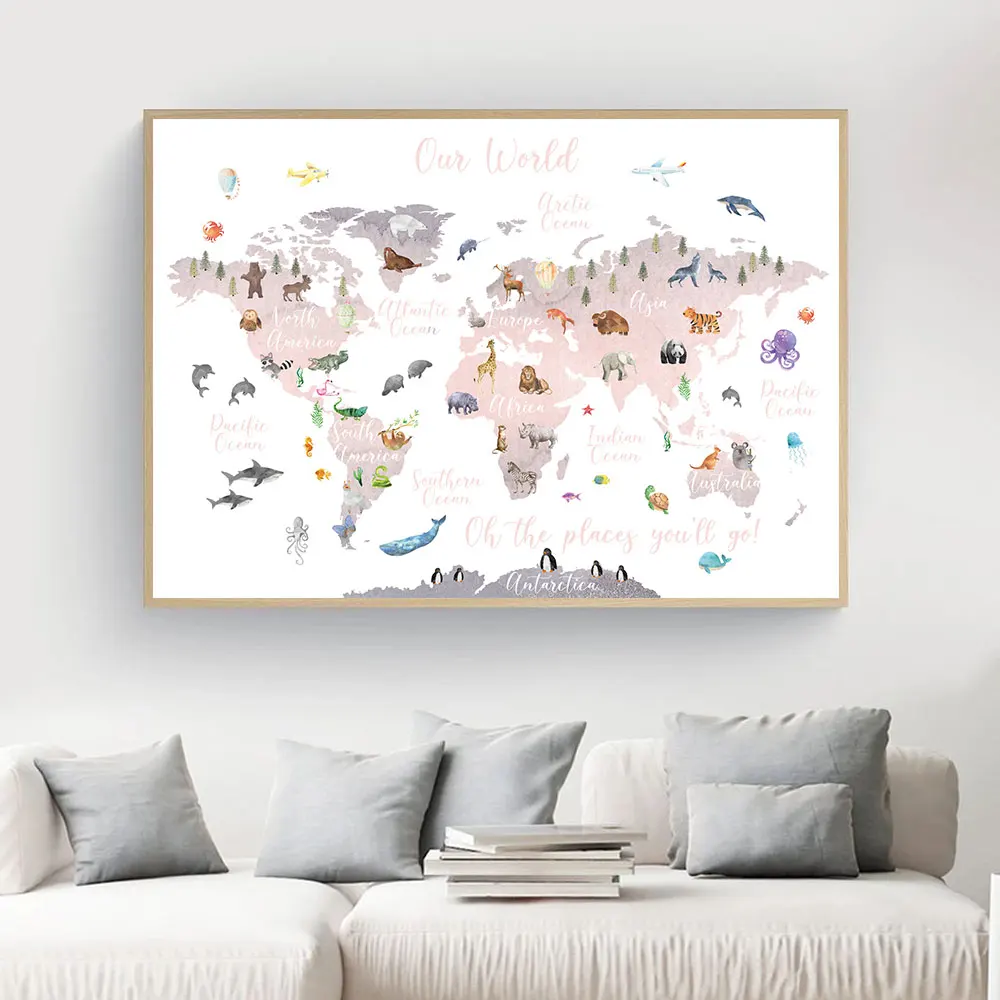 Развивающие животных карта мира Картина детей плакат для детской Wall Art Печать