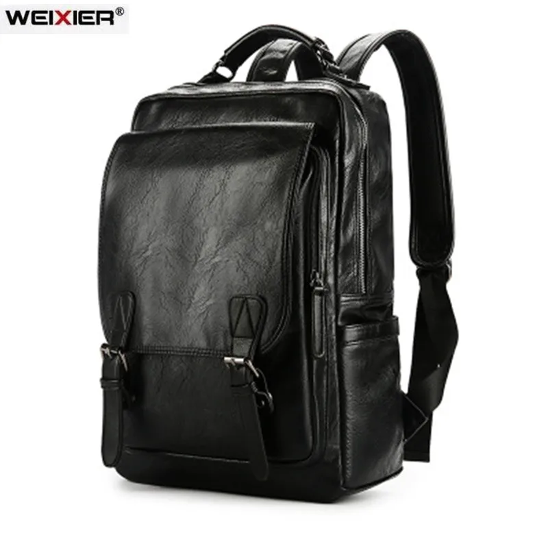 

WEIXIER Famous Brand Fashion Preppy Style Men School Backpack For Teenage Solid Black Leather Backpacks Travel Backpack Bag 십대배낭