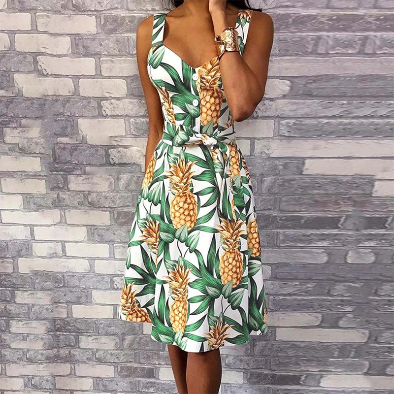 Sexy Suspenders Pineapple Print Dress Summer Women's Clothing New Fashion Temperament Commute Button Decoration A Line Skirt
Sexy Suspenders Pineapple Print Dress Summer Women's Clothing New Fashion Temperament Commute Button Decoration A Line Skirt