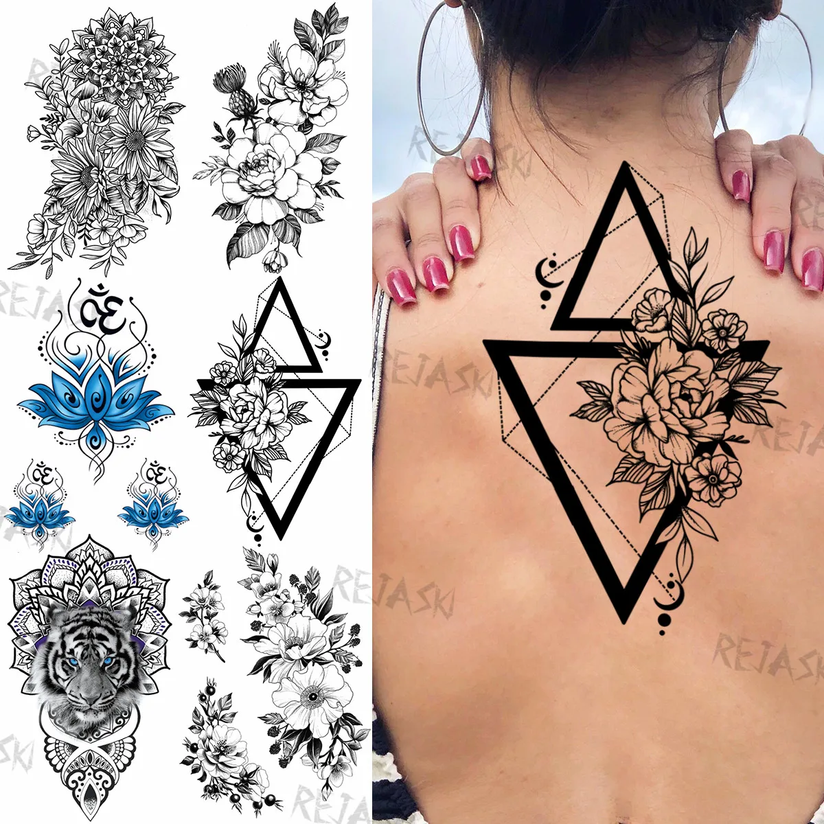 

Временные татуировки для женщин и мужчин, геометрические треугольные пионы, тигр, наклейки для татуировок, реалистичные тату на спину