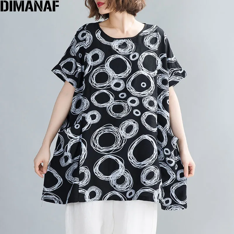 Женская свободная футболка DIMANAF повседневный топ в горошек из хлопка и льна