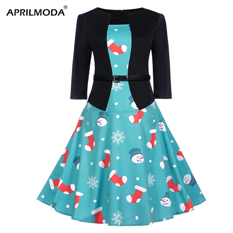 Рождественское Ретро женское платье 50s 60s винтажные качели Vestidos Hepburn три четверти