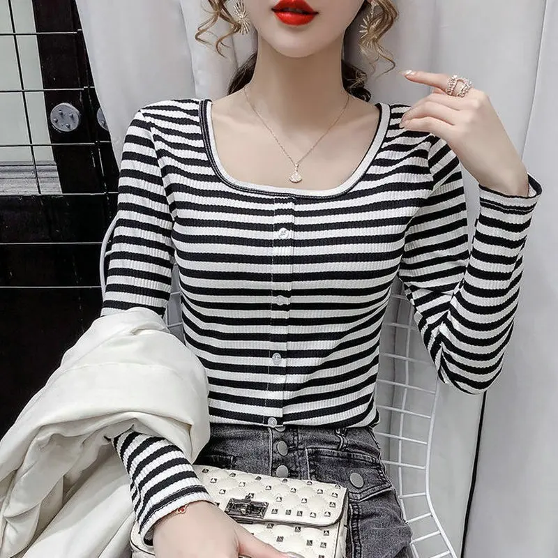 Square Neck Striped Cotton Femme T-shirts Long Sleeve Casual Mujer Camisetas Slim Fit Spring Summer Fashionable Women's Clothing
Square Neck Striped Cotton Femme T-shirts Long Sleeve Casual Mujer Camisetas Slim Fit Spring Summer Fashionable Women's Clothing