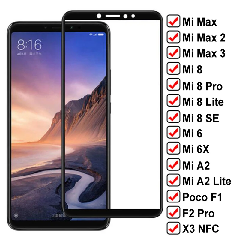 Защитное стекло 9D для Xiaomi Mi max 2 3 Poco F1 F2 Pro X3 NFC 6 6X A2 8 Lite Mi8 SE|Защитные стёкла и плёнки