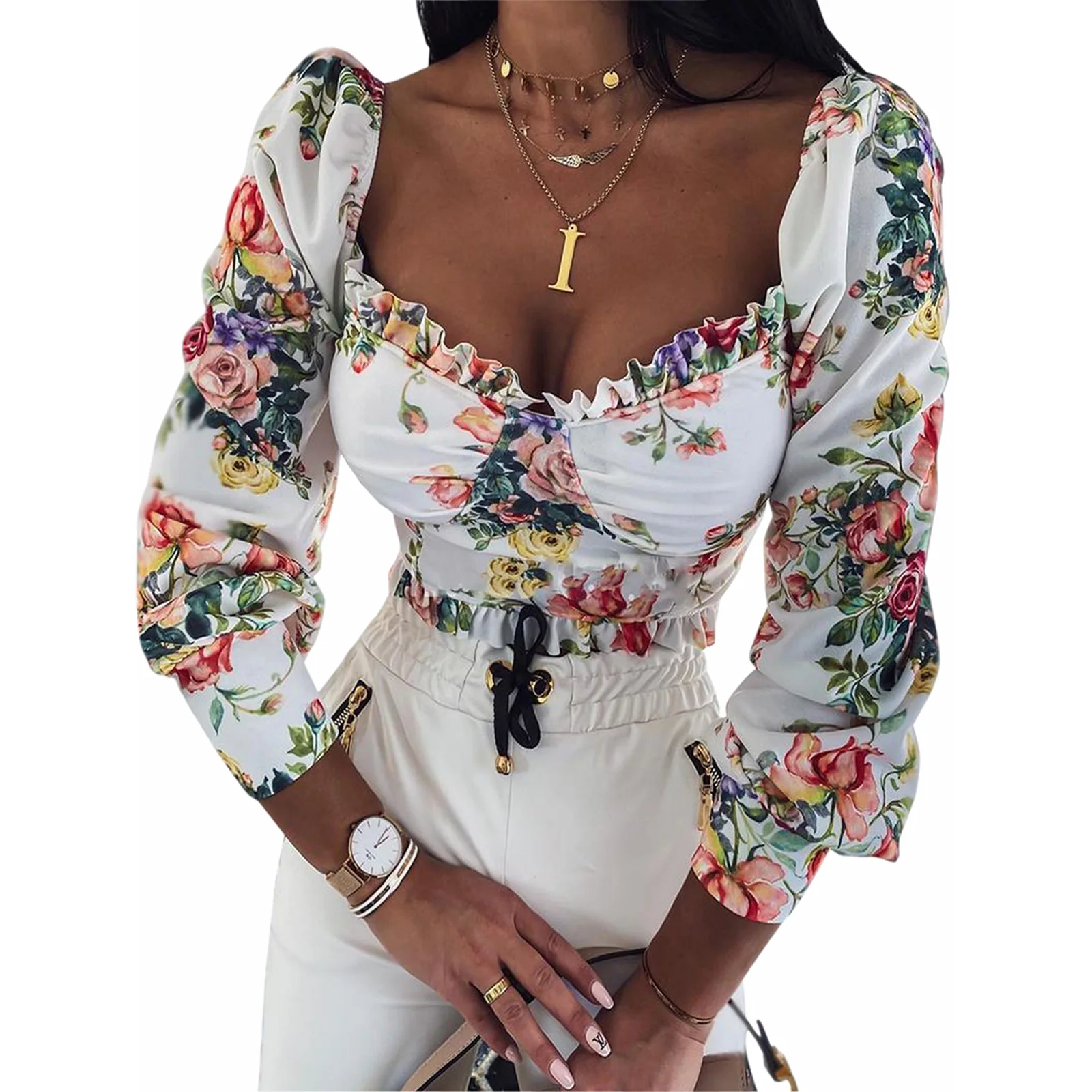 2021 Spring Autumn Women's Sexy Elegant Floral Print Crop Top Long Puff Sleeve Square Neck Ruffle Trim Blouse
2021 Spring Autumn Women's Sexy Elegant Floral Print Crop Top Long Puff Sleeve Square Neck Ruffle Trim Blouse
