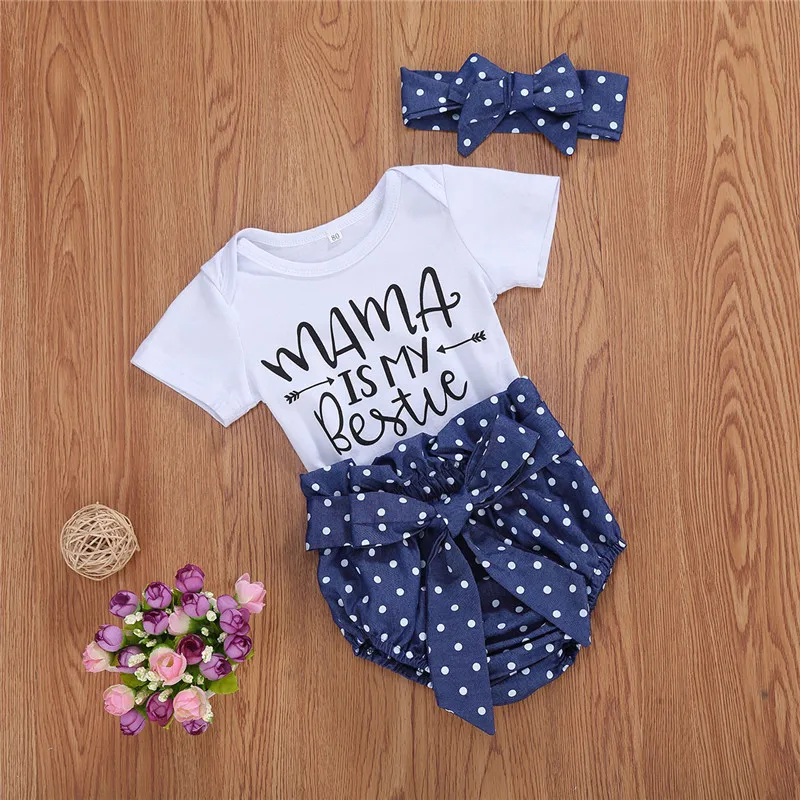 Summer Baby Boys Girls Clothes Sets Letter Short Sleeve Romper Tops Dot Shorts Headband 3pcs Outfits 0-18M 
Summer Baby Boys Girls Clothes Sets Letter Short Sleeve Romper Tops Dot Shorts Headband 3pcs Outfits 0-18M