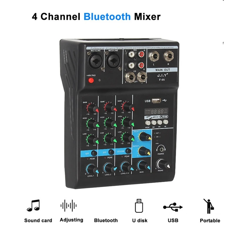 Portable o Mixer Professional 4 Channel Bluetooth Mixer DJ Console with Reverb Effect for Karaoke USB Live Stage KTV
Portable o Mixer Professional 4 Channel Bluetooth Mixer DJ Console with Reverb Effect for Karaoke USB Live Stage KTV