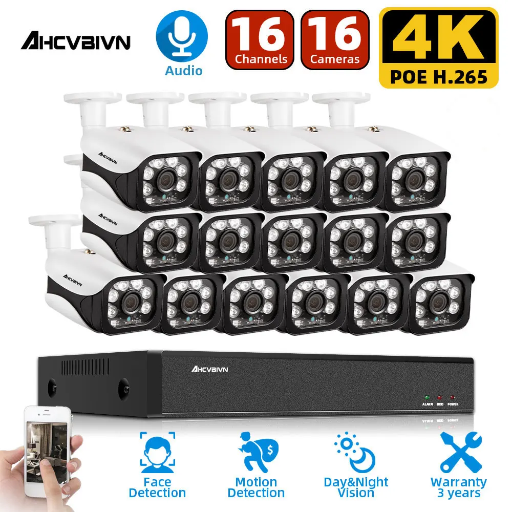 

Система видеонаблюдения H.265 4K, 16 каналов, POE, NVR, 8 Мп, наружная IP-камера безопасности, комплект для дневного и ночного видеонаблюдения P2P, P2P