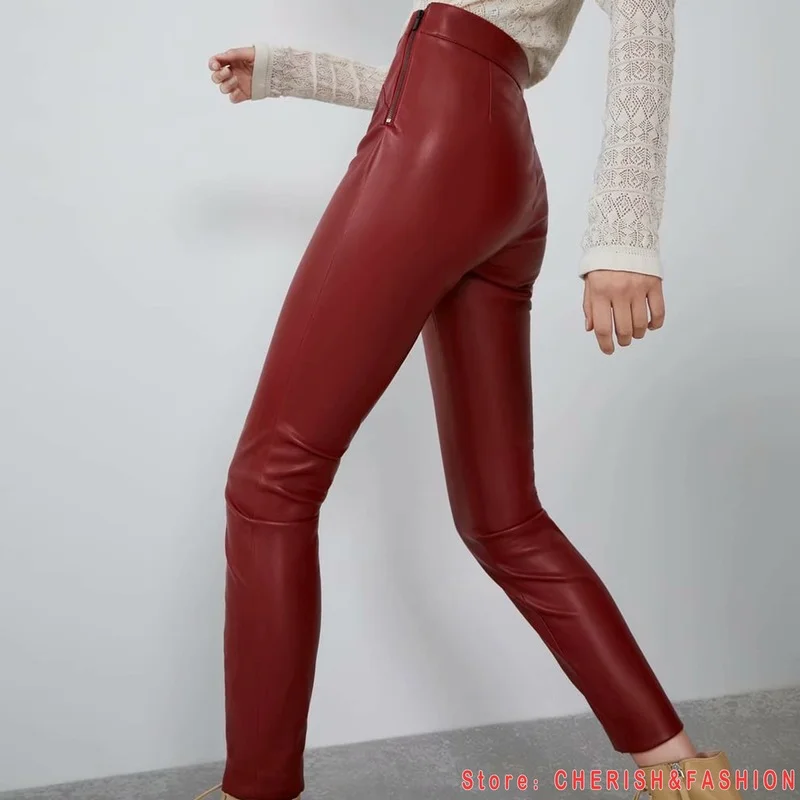 

Women High Wasit Faux Leather Trousers Fashion Autumn Winter Lady White Red Black Fleece PU Zippers Skinny Stretch Pencil Pants