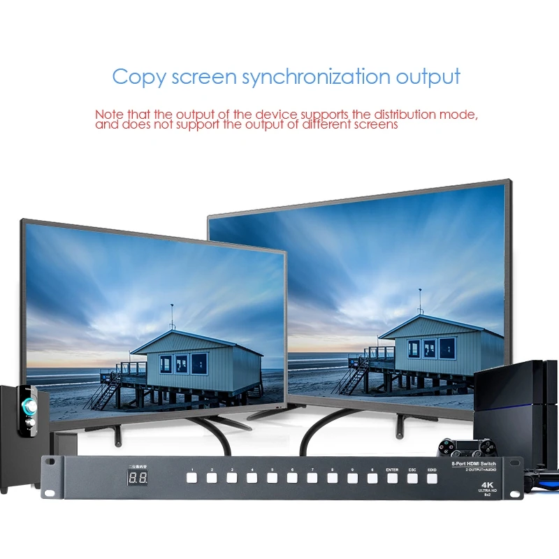 HDMI Switcher, Eight Input and Two Output Audio Separator, RS232 Central Control Button, Select and Operate 8
HDMI Switcher, Eight Input and Two Output Audio Separator, RS232 Central Control Button, Select and Operate 8