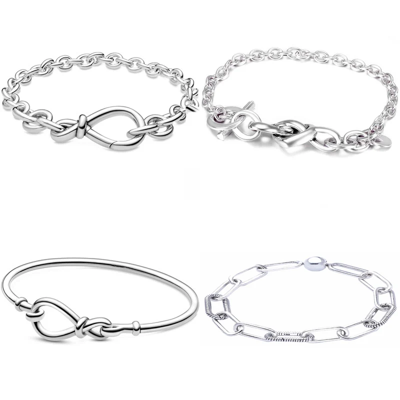 

Me Link Pattern Chunky Infinity Knotted Heart-embellished T-clasp 925 Sterling Silver Bracelet Fit pandora Bangle Bead Charm
