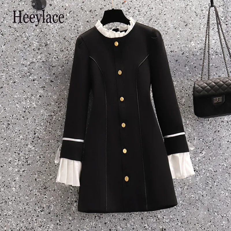 Autumn Dress Office Ladies Elegant Ruffled Collar Bow Flare Sleeve Patchwork Single Breasted Female Black Dresses
Autumn Dress Office Ladies Elegant Ruffled Collar Bow Flare Sleeve Patchwork Single Breasted Female Black Dresses