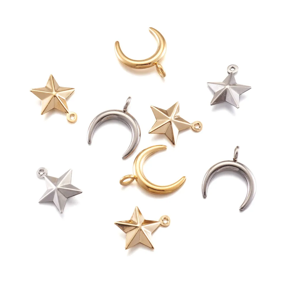 40Pcs Stainless Steel Moon Star Pendant 2 Colors Crescent Moon Celestial Star Dangle Charms for DIY Jewelry Craft Making
40Pcs Stainless Steel Moon Star Pendant 2 Colors Crescent Moon Celestial Star Dangle Charms for DIY Jewelry Craft Making