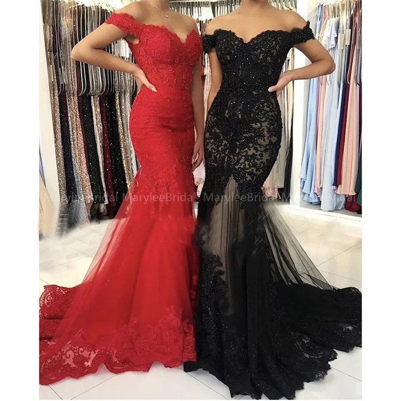 Red Long robe de soiree Off Shoulder Mermaid Evening Dress Appliques Black Tulle Formal Party Dress vestido de festa Sweep Train 
Red Long robe de soiree Off Shoulder Mermaid Evening Dress Appliques Black Tulle Formal Party Dress vestido de festa Sweep Train