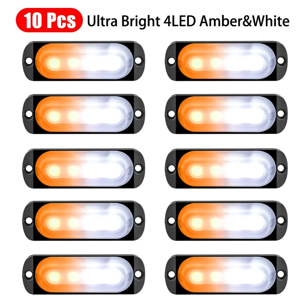 

10Pcs Strobe 4LED Light Universal LED 12V 24V SUV Vans Truck Lights Car White Amber Emergency Hazard Flashing Warning Light Lamp
