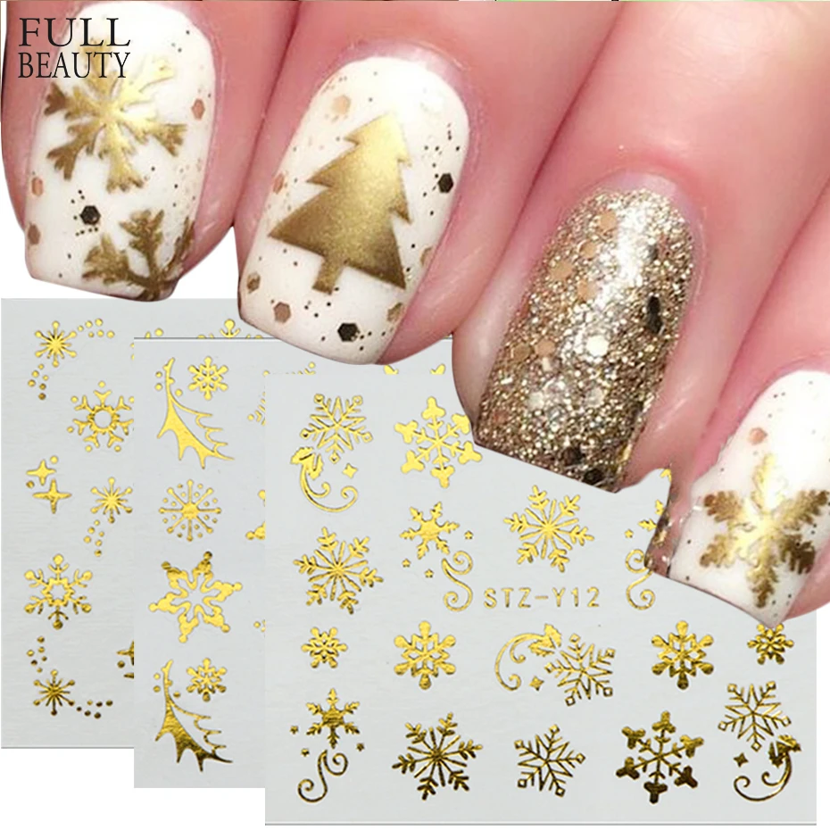 Наклейки для ногтей 1 шт. золотистые серебристые рождественские снежинки