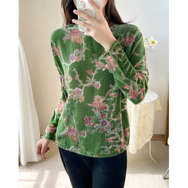 Chinese Style Silk Velvet Green Long-sleeved Top Women 2021 Autumn New Gold Velvet Women's Blouse
Chinese Style Silk Velvet Green Long-sleeved Top Women 2021 Autumn New Gold Velvet Women's Blouse