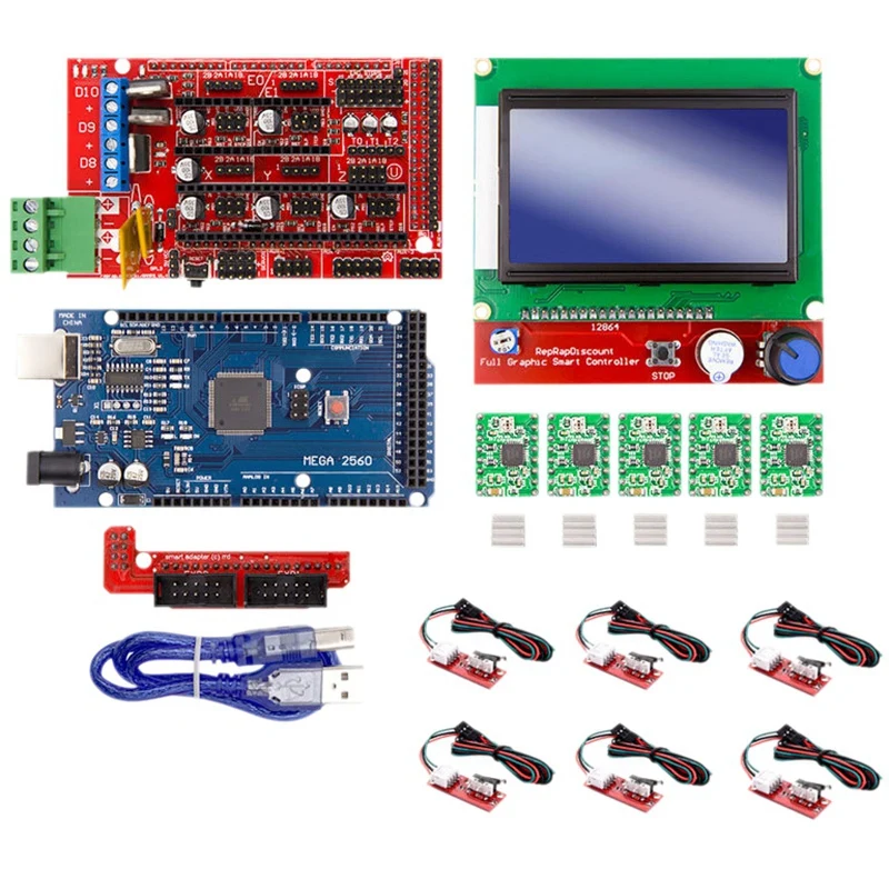 3D Printer 12864 LCD Display+MEGA2560 Main Control+Ramps1.4 Expansion Board+A4988 Kit with Heat Sink USB Calbe Jumper 
3D Printer 12864 LCD Display+MEGA2560 Main Control+Ramps1.4 Expansion Board+A4988 Kit with Heat Sink USB Calbe Jumper