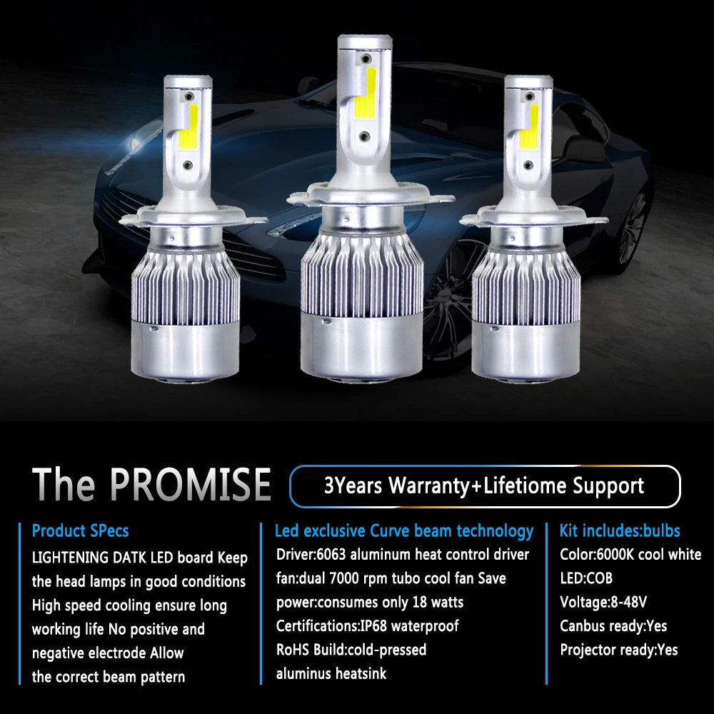 Elglux 2 шт. супер яркий H4 LED COB чип Автомобильная фара 72 Вт 8000LM дальний и ближний свет