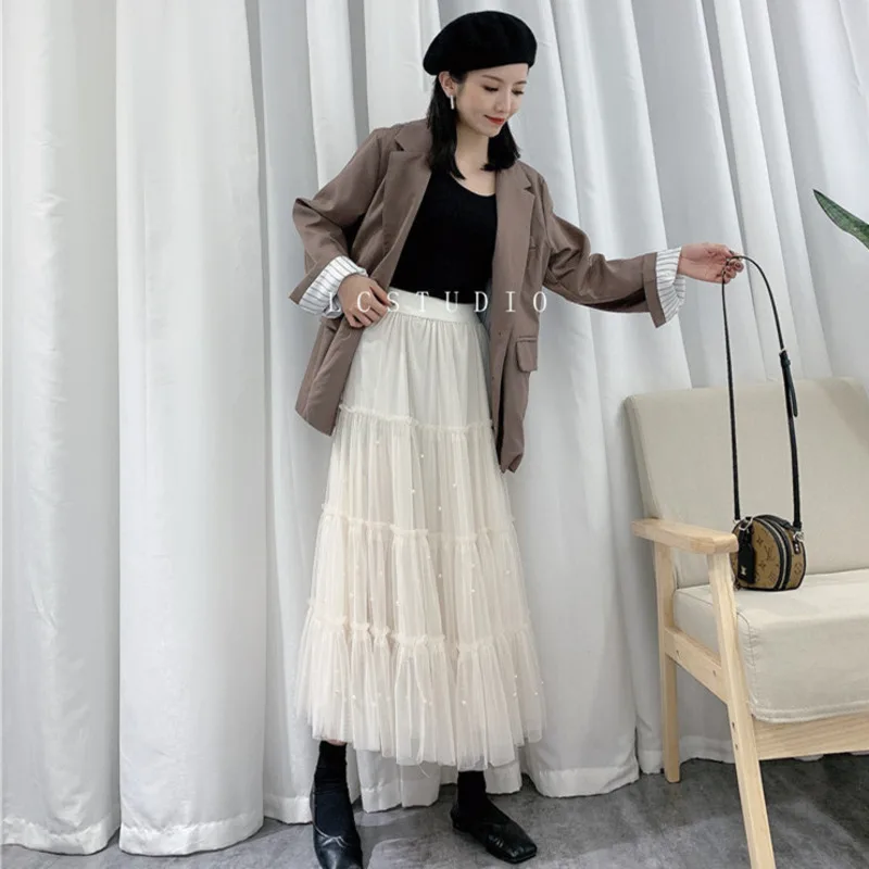 

Женская длинная кружевная юбка PEONFLY, элегантная офисная трапециевидная юбка с высокой талией, черного, серого и белого цвета, весна 2021