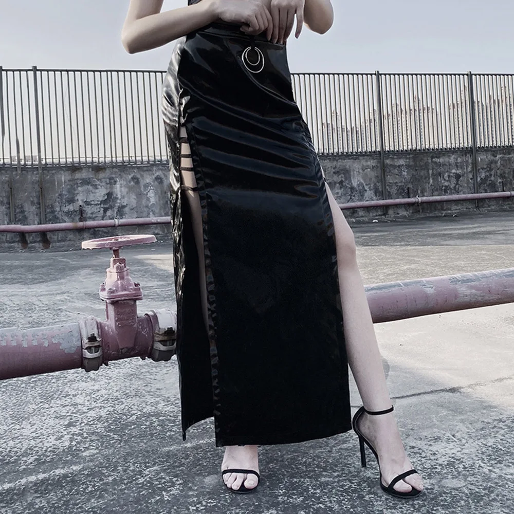 Готическая Сексуальная черная юбка из искусственной кожи с высоким разрезом