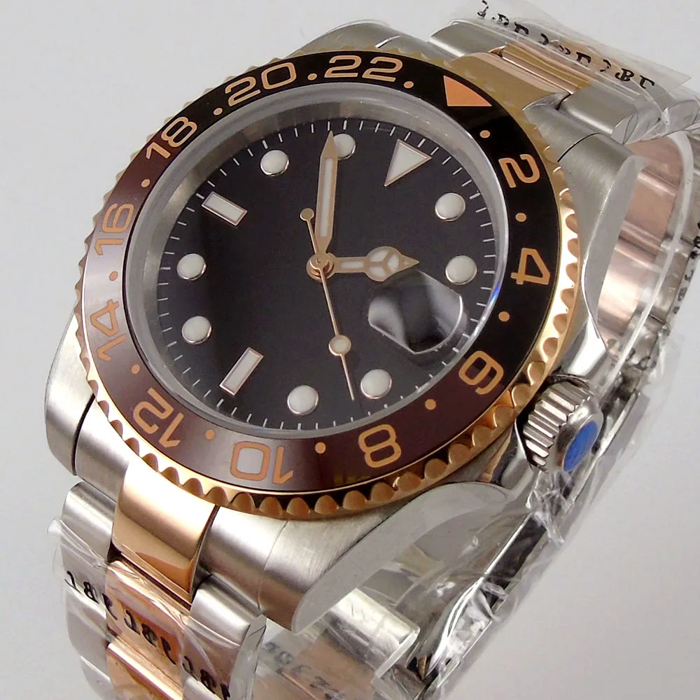 40MM Nologo Black Mechanical Men Watch Automatic 21 Jewels MIYOTA 8215 24 Jewels NH35 Two Tone Rose Gold Oyster Ceramic Insert
40MM Nologo Black Mechanical Men Watch Automatic 21 Jewels MIYOTA 8215 24 Jewels NH35 Two Tone Rose Gold Oyster Ceramic Insert