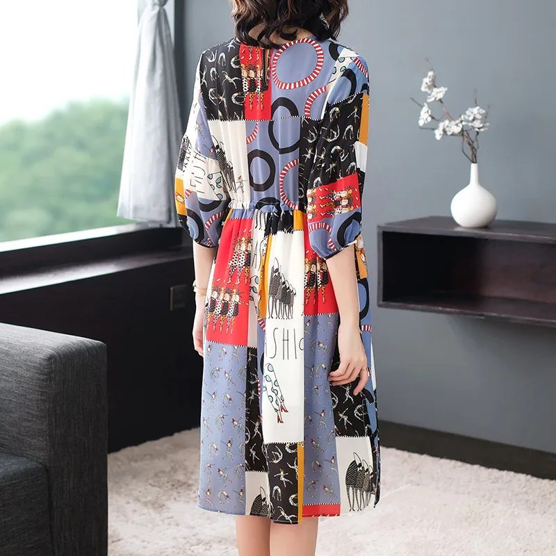 Summer Real Silk Dress for Women Print Floral Beach Dresses Fashion Boho Midi Elegant Vintage Vestido Mujer KJ2084 | Женская одежда