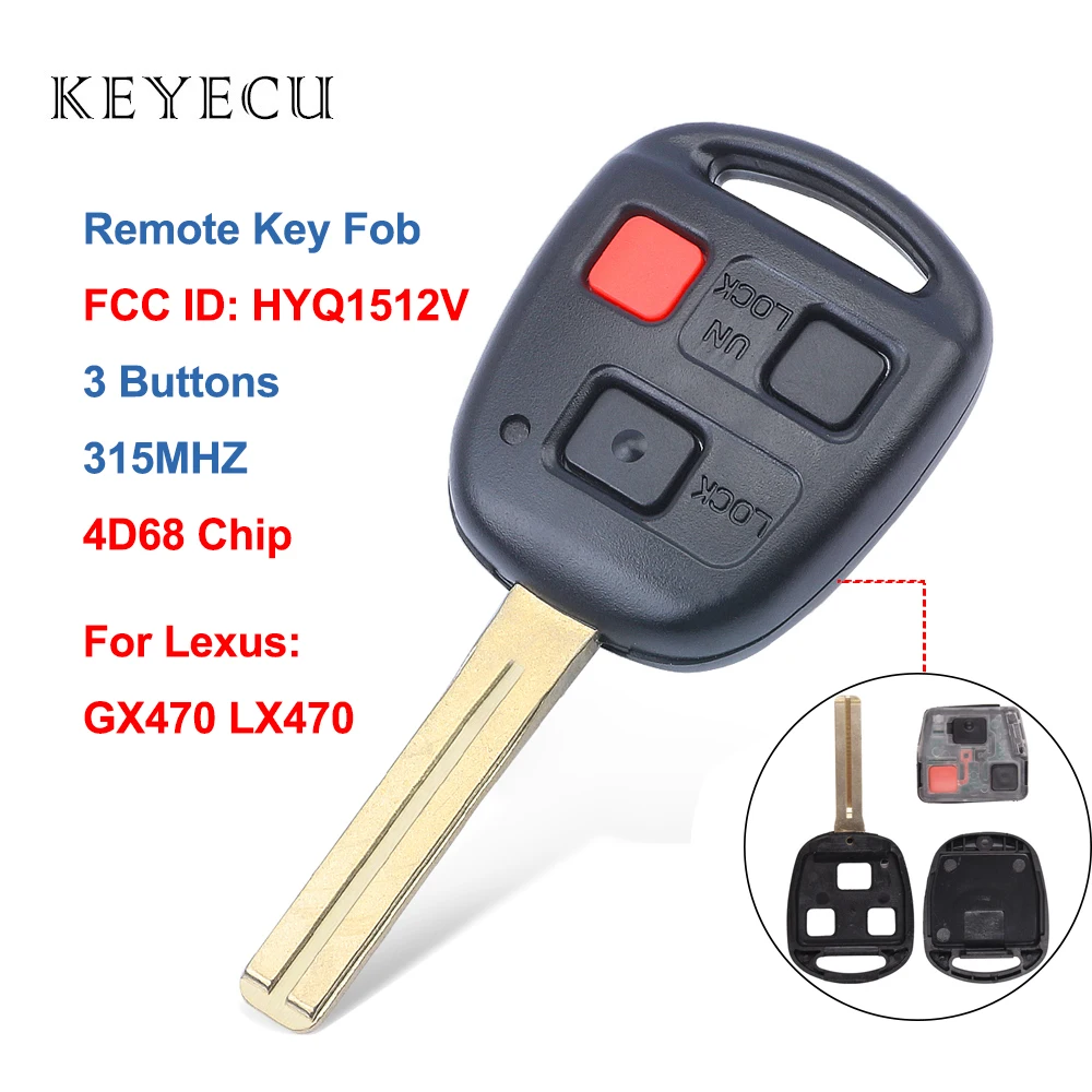 Keyecu Car Remote Key Fob 3 Buttons 315MHz with 4D68 Chip for Lexus GX470 LX470 2003 2004 2005 2006 2007 2008, FCC ID: HYQ1512V
Keyecu Car Remote Key Fob 3 Buttons 315MHz with 4D68 Chip for Lexus GX470 LX470 2003 2004 2005 2006 2007 2008, FCC ID: HYQ1512V
