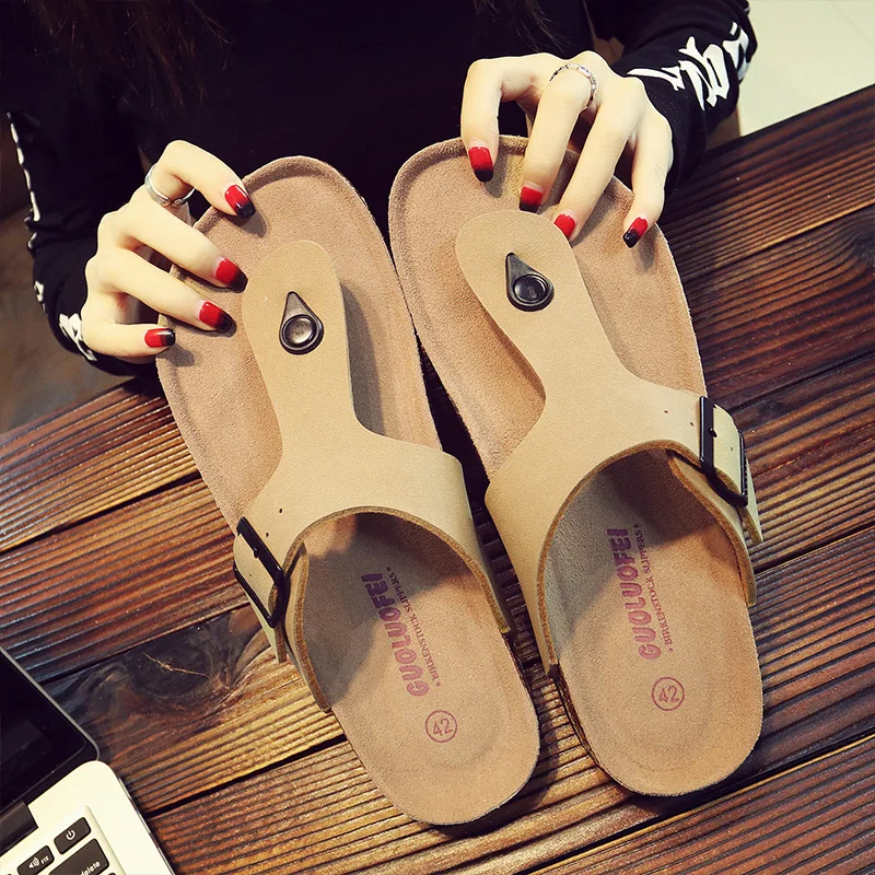 

2020 New Men's Leather Mule Clogs Slippers High Quality Soft Cork Flip Flops Buckle Slides Footwear For Men Women Unisex 35-46