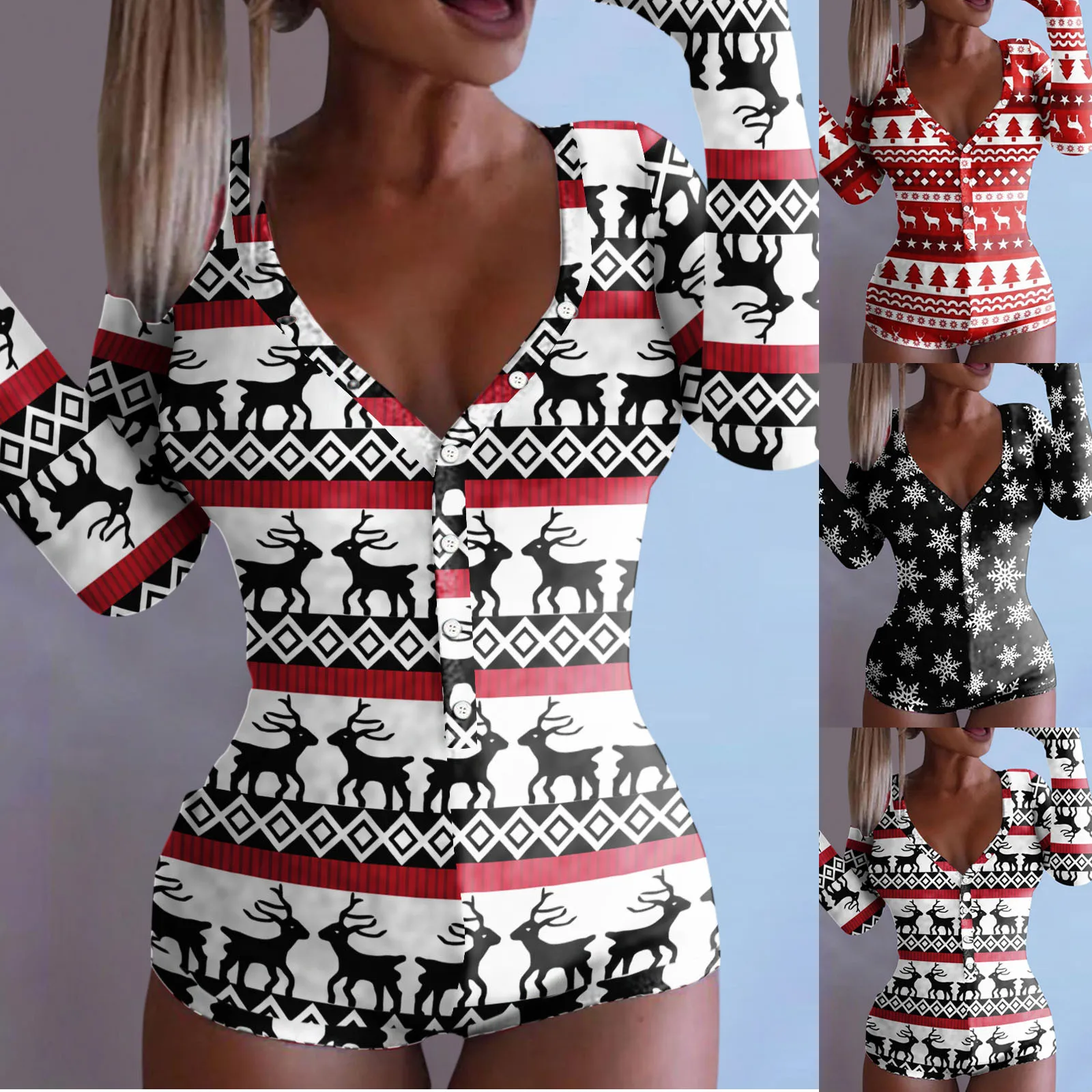 Sexy Women Bodysuit Skinny Playsuit Christmas Print Long Sleeve Deep V Neck Bodycon Button Short Romper Pajama Jumpsuit Onesies
Sexy Women Bodysuit Skinny Playsuit Christmas Print Long Sleeve Deep V Neck Bodycon Button Short Romper Pajama Jumpsuit Onesies