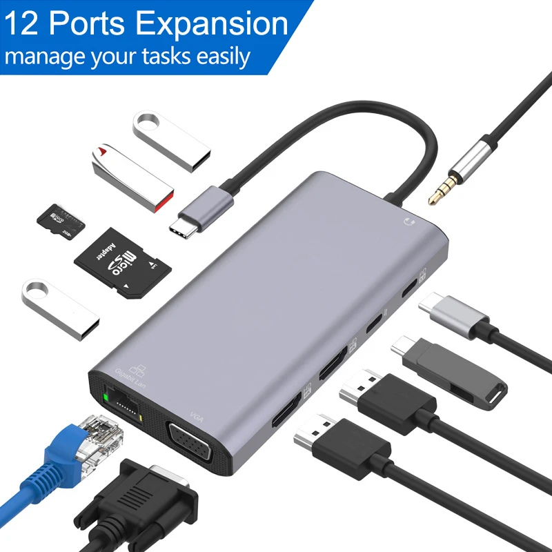 12 in 1 Type C HUB with USB 3.0 SD/TF Card Reader Dual HDMI 4K RJ45 VGA USB C HUB for MacBook/Dell USB Splitter Docking Station
12 in 1 Type C HUB with USB 3.0 SD/TF Card Reader Dual HDMI 4K RJ45 VGA USB C HUB for MacBook/Dell USB Splitter Docking Station