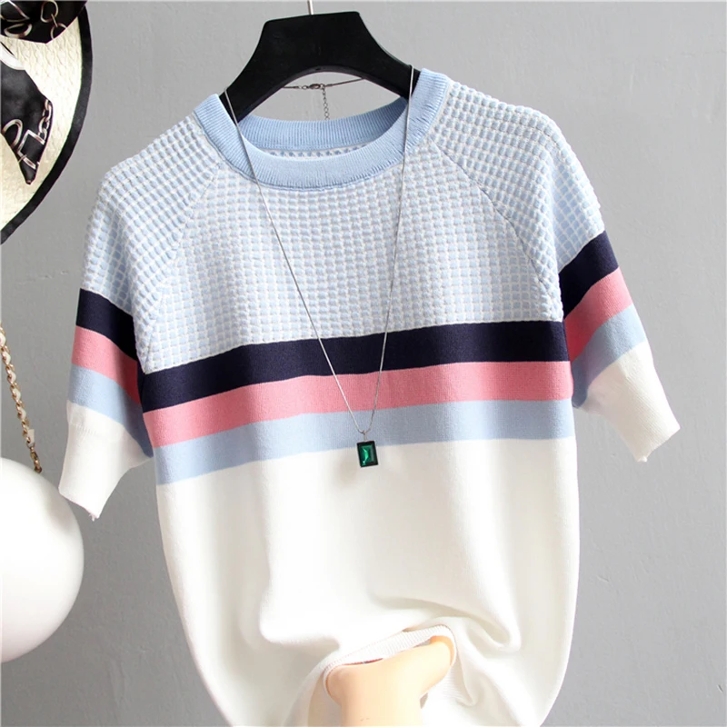 shintimes Short Sleeve Sweater Women Striped Top 2020 Plaid Knitted Cotton Korean Style Woman Clothes Camisetas Mujer Pull Femme
shintimes Short Sleeve Sweater Women Striped Top 2020 Plaid Knitted Cotton Korean Style Woman Clothes Camisetas Mujer Pull Femme