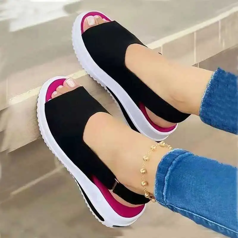 Сандалии женские с открытым носком, мягкая строчка, цвет черный/розовый, плоская подошва, пляжная обувь, 2021 
Сандалии женские с открытым носком, мягкая строчка, цвет черный/розовый, плоская подошва, пляжная обувь, 2021