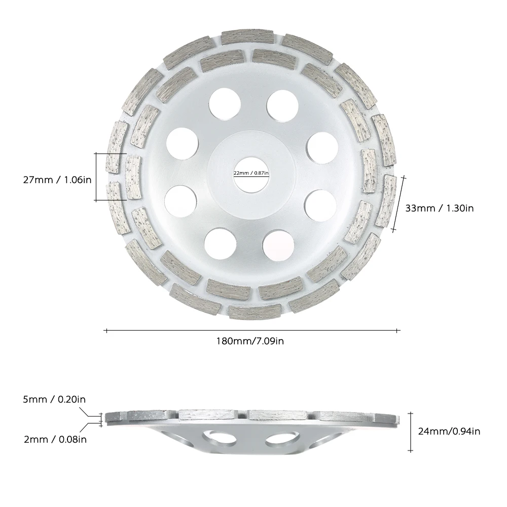 New 180mm 7" Diamond 2 Row Segment Grinding Wheel Disc Bowl Shape Grinder Cup 22mm Inner Hole for Concrete Granite Masonry Stone
New 180mm 7" Diamond 2 Row Segment Grinding Wheel Disc Bowl Shape Grinder Cup 22mm Inner Hole for Concrete Granite Masonry Stone