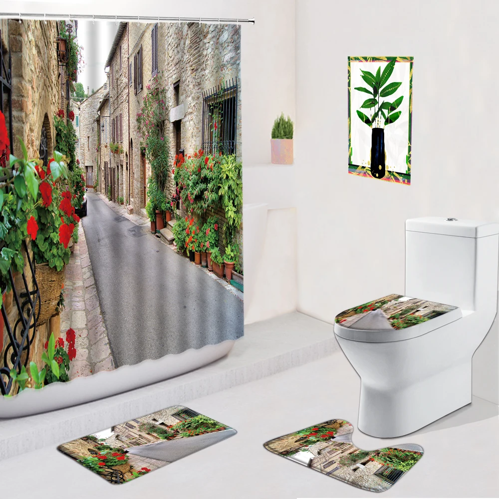 European Street View Bathroom Set Shower Curtain Non-Slip Floor Mat Carpet Toilet Seat Cover With Hooks Flowers Bath Curtains
European Street View Bathroom Set Shower Curtain Non-Slip Floor Mat Carpet Toilet Seat Cover With Hooks Flowers Bath Curtains