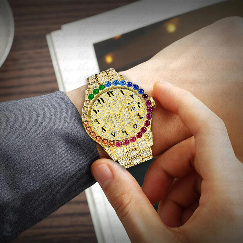Iced Out Men Watches Top Brand Luxury Rainbow Diamond Quartz Gold Watch Men Big Dial Rose Gold Business Wristwatch Mens
Iced Out Men Watches Top Brand Luxury Rainbow Diamond Quartz Gold Watch Men Big Dial Rose Gold Business Wristwatch Mens