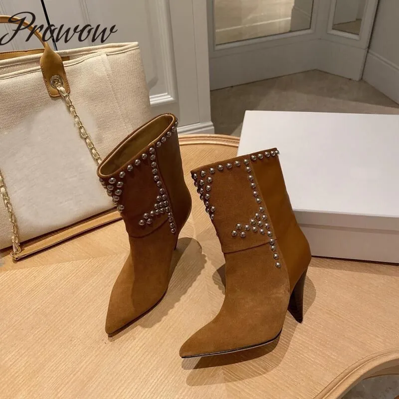Prowow New Genuine Leather Khaki Tan Cowboy Boots Autumn Winter Studded Spike Heel Boots Fashion Botas Mujer Designer Shoes
Prowow New Genuine Leather Khaki Tan Cowboy Boots Autumn Winter Studded Spike Heel Boots Fashion Botas Mujer Designer Shoes