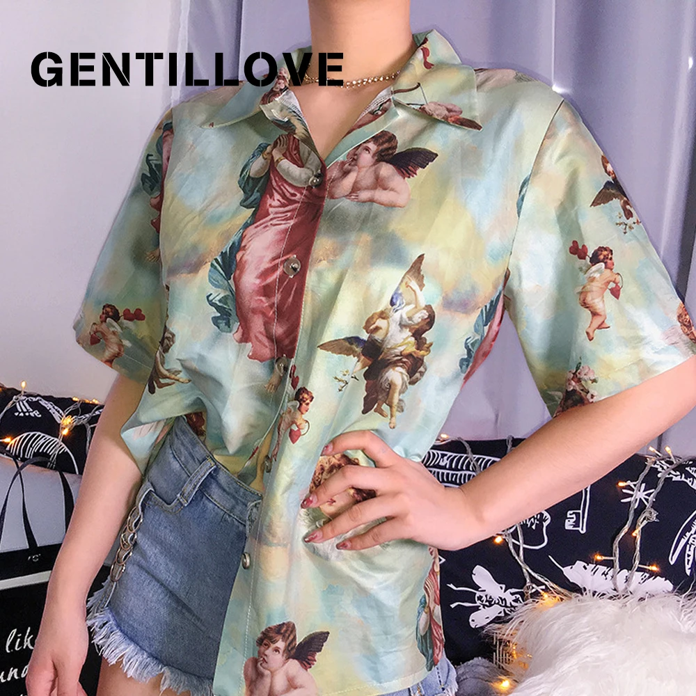 Женская блузка с коротким рукавом Gentillove, Повседневная Блузка в стиле ретро с отложным воротником и принтом ангела, летняя уличная одежда
Женская блузка с коротким рукавом Gentillove, Повседневная Блузка в стиле ретро с отложным воротником и принтом ангела, летняя уличная одежда