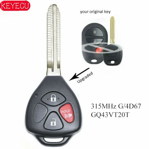 KEYECU обновленный дистанционный ключ с 3 кнопками Fob 315 МГц с G чипом/4D67 для Toyota Sienna Tacoma FCCID: GQ43VT20T
KEYECU обновленный дистанционный ключ с 3 кнопками Fob 315 МГц с G чипом/4D67 для Toyota Sienna Tacoma FCCID: GQ43VT20T
